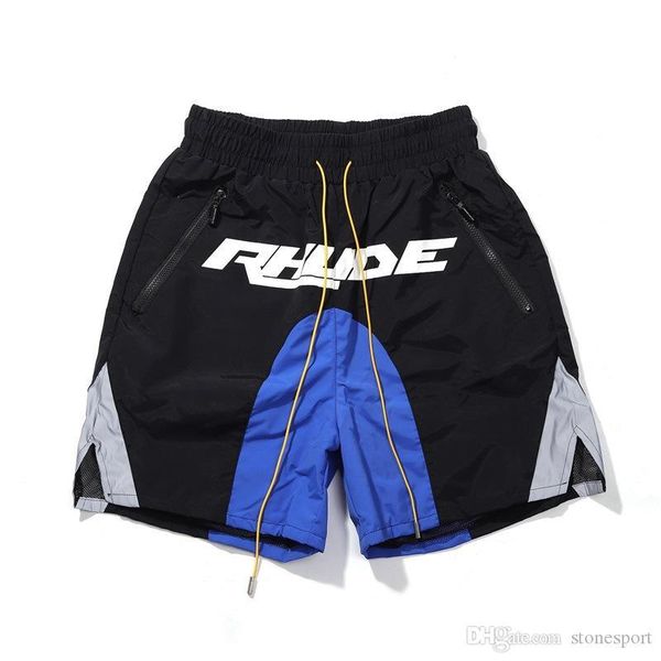 

2020 new high street rhude reflective stitching logo printed shorts men and women loose color matching casual pants s-xl, Black