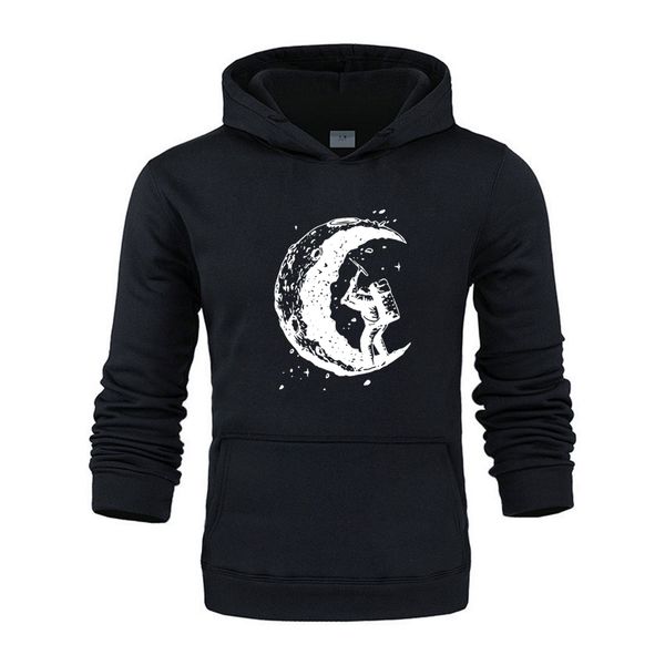 

new casual cotton thick hoodies blend loose style men hoodies moon printed long sleeve cool mens hooded sweatshirts s-xxxl, Black