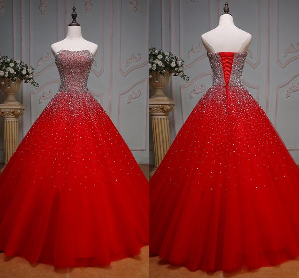 Bling Red Beaded Quinceanera Abiti senza spalline Lace-up Prom Abiti da sera convenzionali Abiti lunghi da festa Sweet 16 Vestidos De Festia alexander mcqu