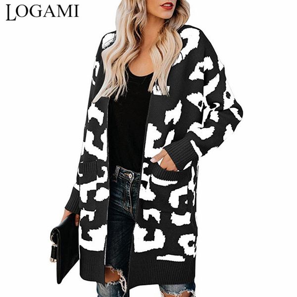 

logami casual leopard sweater cardigan women autumn long knitted cardigans female coat, White