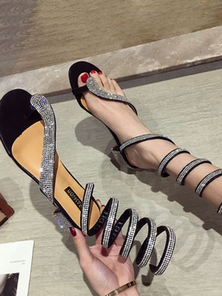 

net red sandals female 2020 summer new super fire rhinestones toe snake-shaped winding thick with wild roman shoes, Black