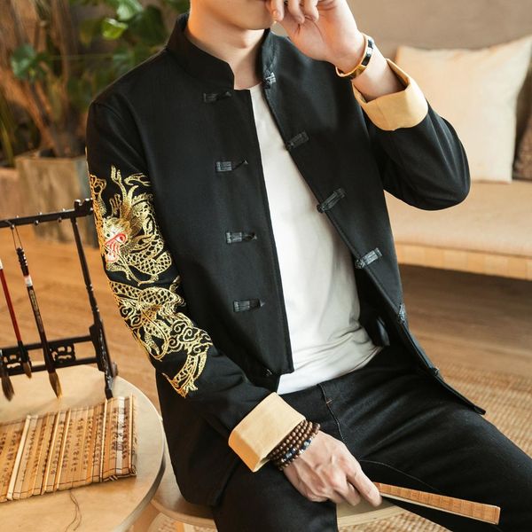 

large size men's jacket autumn clothing chinese costume chinese-style retro frog men jinlong embroidered stand collar jacket men, Black;brown
