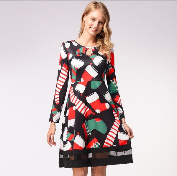 

plus size long sleeve christmas dresses women o neck a-line dress 1933, Black;gray