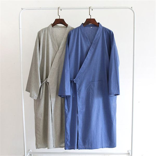 

men's nightgown cotton and linen new spring and summer autumn japanese kimono nightgown homewear bath steamed clothes loose, Black;brown