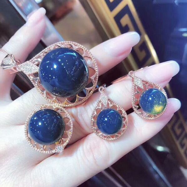 

meibapj mexico blue amber gemstone big jewelry set genuine 925 silver necklace earrings ring fine wedding jewelry for women, Black