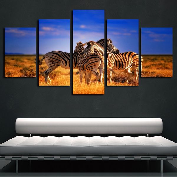 

5 panels animal zebra grassland scenery artworks giclee canvas wall art abstract poster canvas print oil painting wall decor