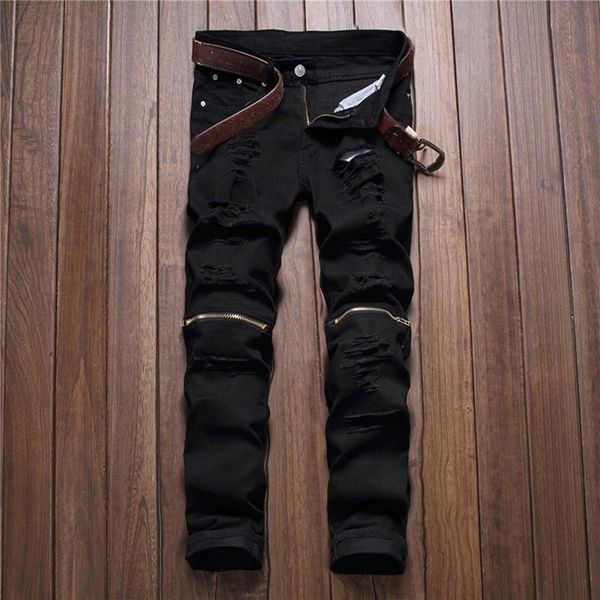 

new style men multi zippers broken hole ripped pants mens joers skinny pants casual trousers pantalon fashion homme, Black