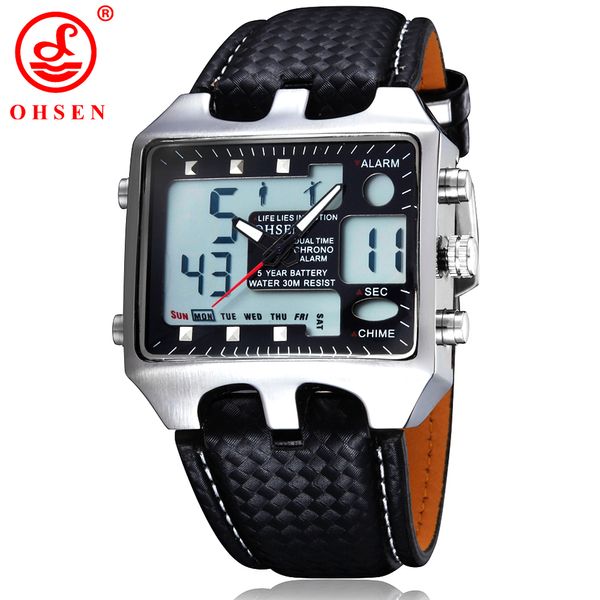 OHSEN Digital Assista Homens Waterproof analógicos Led Esporte relógios para homens Pulseira de couro de alarme de pulso Relogio Masculino 0930 LY191213