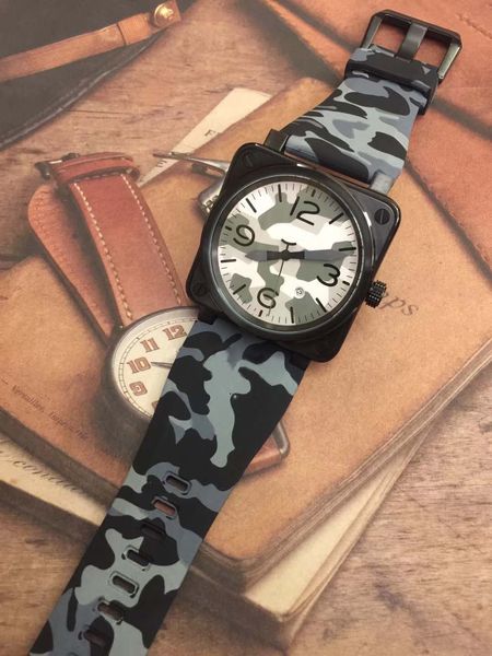 

мужская bellross aviation автоматический камуфляж циферблат 42 мм мужские часы часы квадратный корпус каучуковый ремешок открытый человек на, Slivery;brown
