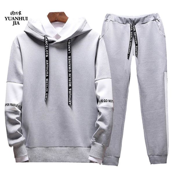 

men's gray brand tracksuit set 2020 fall winter long sleeve hooded casual 2-piece fashion hoodie + work out jogging trousers set, Black
