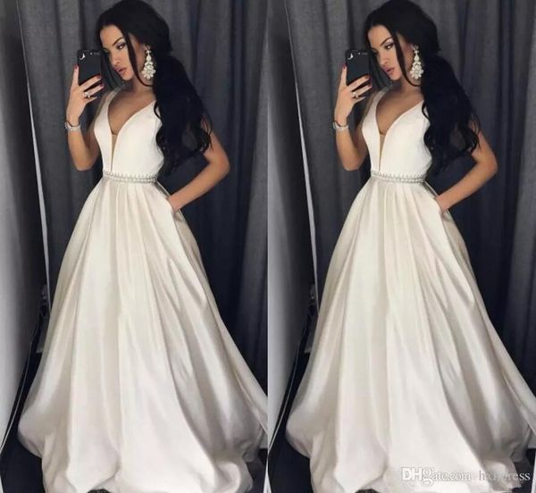 

новые vestidos festa арабский мода ivory атласные длинные платья выпускного вечера с карманом глубокий v-образным вырезом без рукавов формал, Black