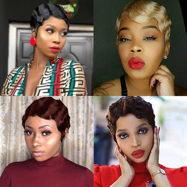 

old fashion blonde color #27 short wigs peruvian hair curly wave swiss lace wig 2# malaysian human hair wigs for black women, Black;brown