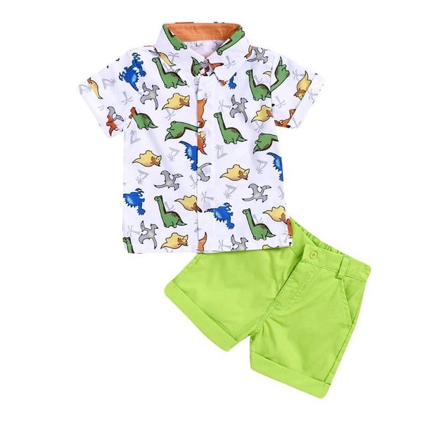 

fashion dinosaur print kids clothes toddler kids baby boy cute cartoon pattern shirt +denim pants outfits set gentleman suit, White