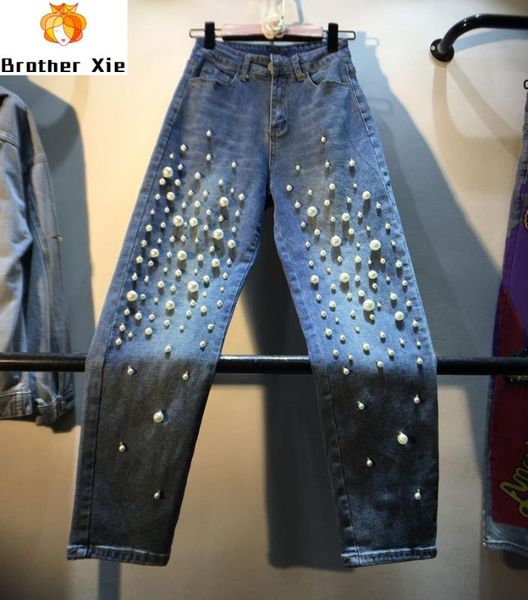 

jeean woman europe style handmade large pearl beaded high waist straight jeans female lady's blue denim pants jean