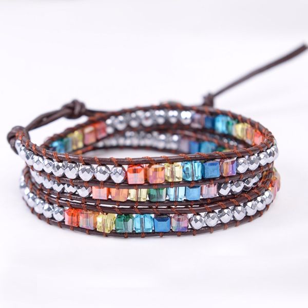 

chakra bracelet jewelry handmade leather wrap bracelet multi color spare crystal beads natural stone, Black