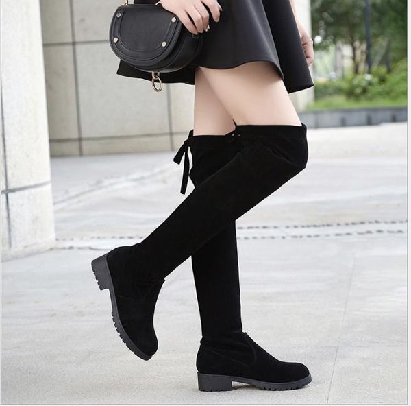 

suede over the knee boots with low heel elastic boots, Black