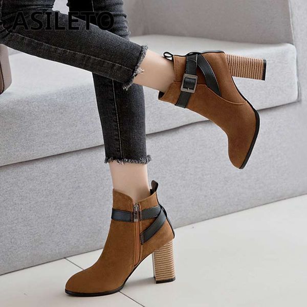 

asileto high heel suede leather ankle boots for women buckle zipper pointed toe block heels buckle large size 50 booties, Black