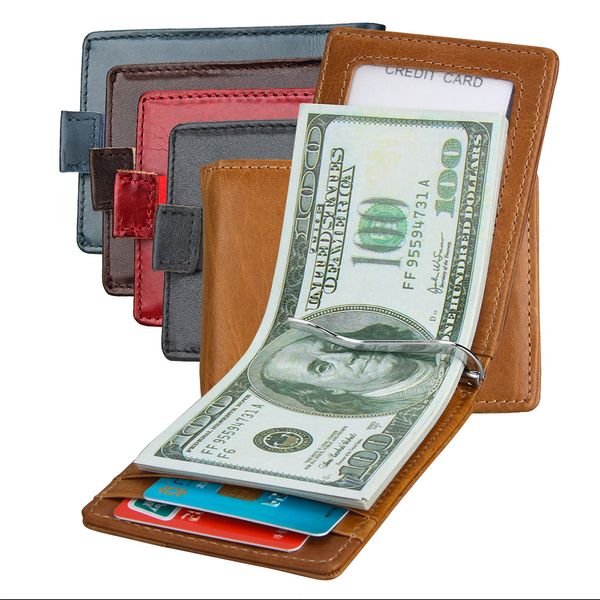 

genuine leather bifold coin purses money clipper men women rfid blocking business card wallet cowhide short clutch wallets banknote pocket, Red;black