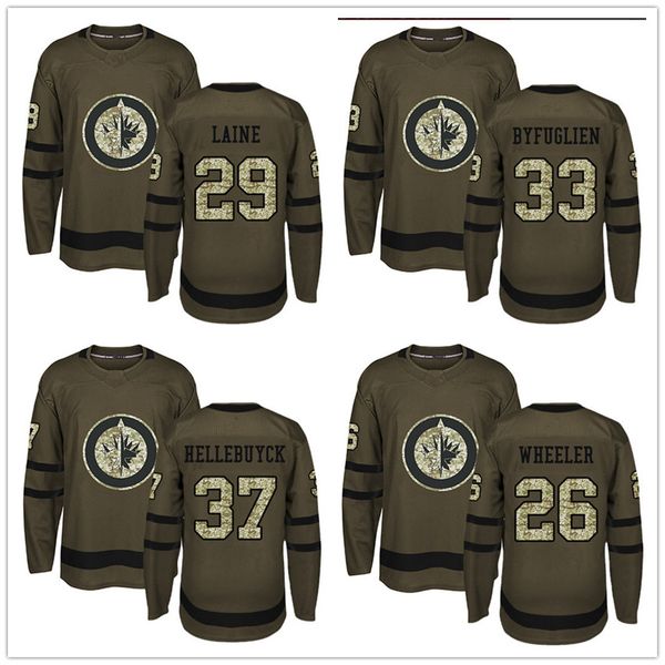 

custom men's winnipeg jets 29 patrik laine 26 blake wheeler 33 byfuglien 37 hellebuyck green salute to service stitched logos hockey je, Black;red