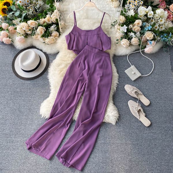 

women's suit 2020 new women's small camisole short section high waist wide leg pants fashionable two-piece suit, White