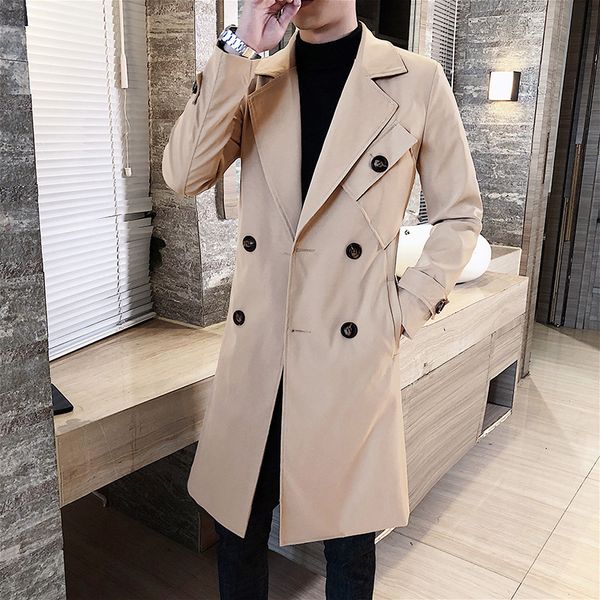 

trench coat men spring autumn double breasted men outerwear casual coat men's high end jackets windbreaker mens trench, Tan;black