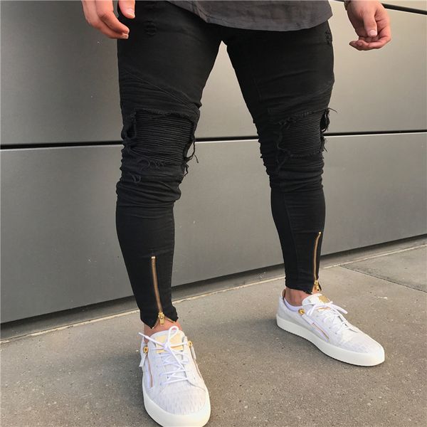 

spliced men jeans black denim trousers men pleated jeans masculino, Blue