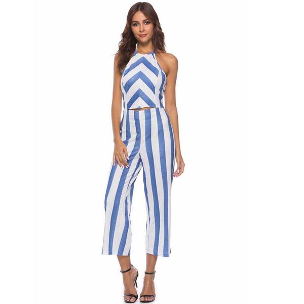 

2019 summer striped jumpsuit women sleeveless long jumpsuit female rompers women backless elegant woman ladies, Black;white
