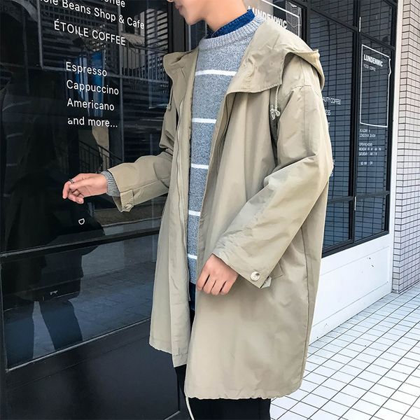 

spring thin section windbreaker men's fashion solid color casual hooded jacket men streetwear loose long jackets coat mens -2xl, Tan;black