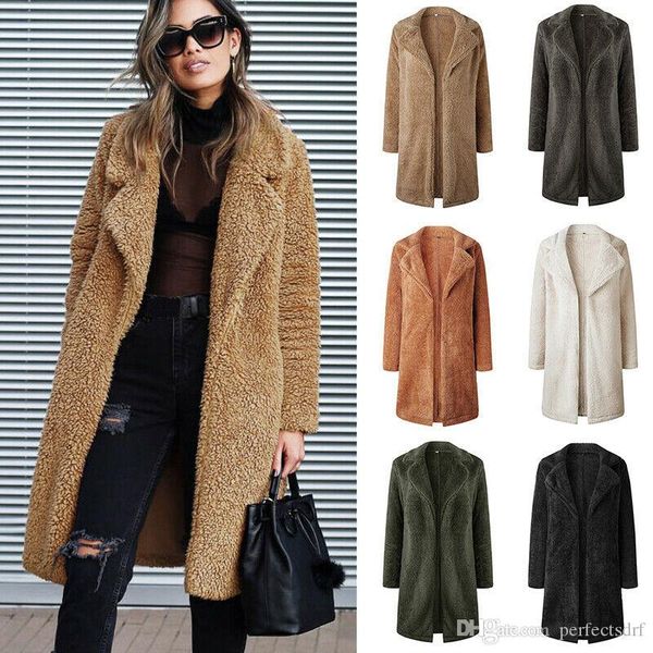 

11 цвет s-3xl женщины медвежонок длинного колена пальто дамы винтаж искусственного мех куртка отворот outwear 57847418881348, Black