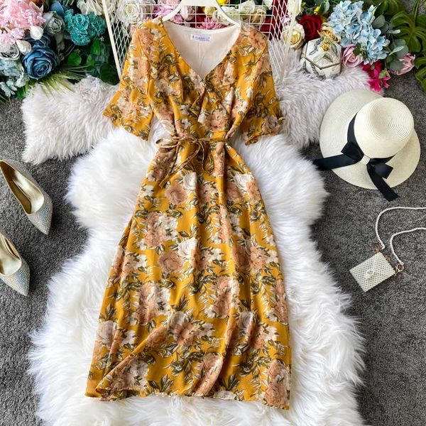 

party dresses summer women a-line v-neck flare sleeve floral print vintage elegant maxi dress female boho beach mid-calf chiffon 2021, White;black