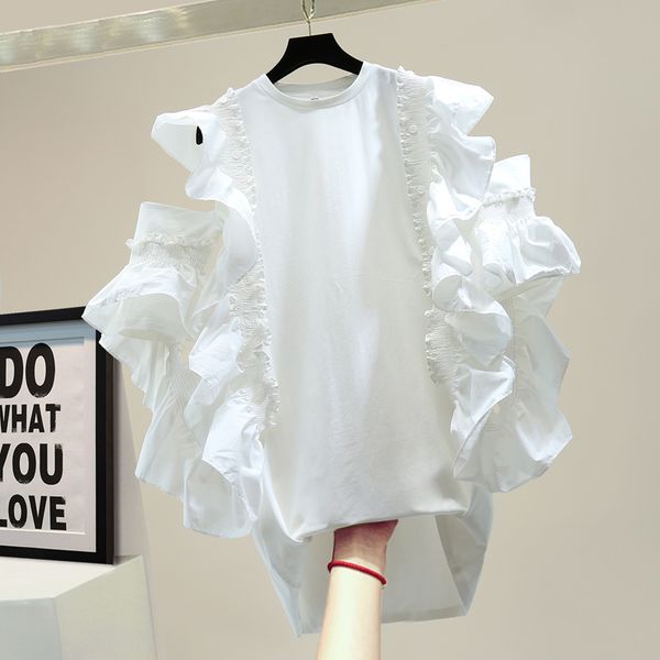 

t-shirt for women summer loose personality three-dimensional irregular ruffled shirt ladies white black t shirts tees