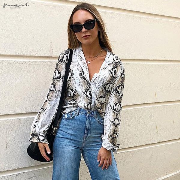 

fashion 2019 snake autumn women chiffon blouses club print long sleeve notched button loose woman clothes, White