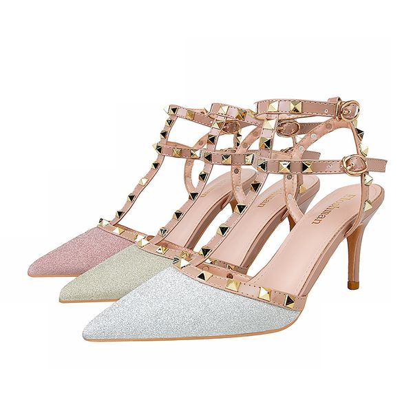 

acilici-26331fashion high heels shoes riveting nail thin heeled high heel sequins hollow sandals female, Black