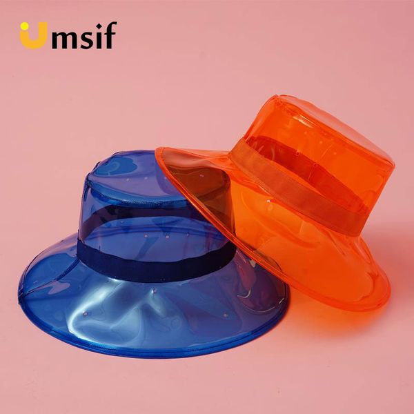 

2019 new fashion women transparent pvc sun hat wide brim hat panama caps female flat summer cap fedoras hats beach caps, Blue;gray
