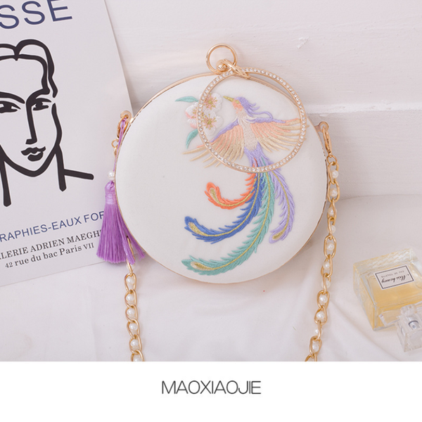 

embroidery evening bags ethnic ancient style for women round shaped single shoulder bags female dinner velvet clutch purse