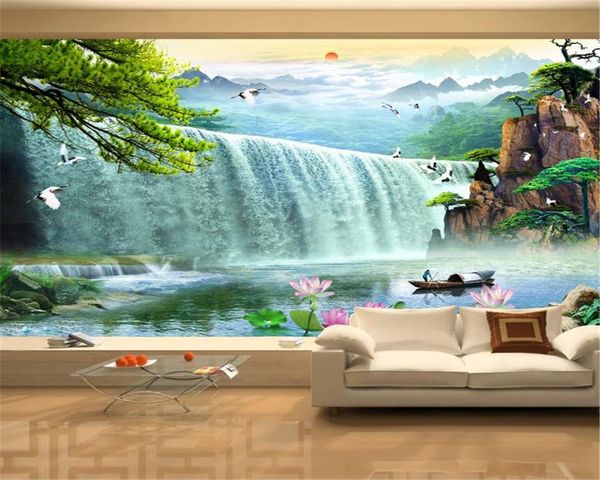 3D casa papel de parede bonito grande lotus fada guindaste cachoeira cenário decoração mural papel de parede