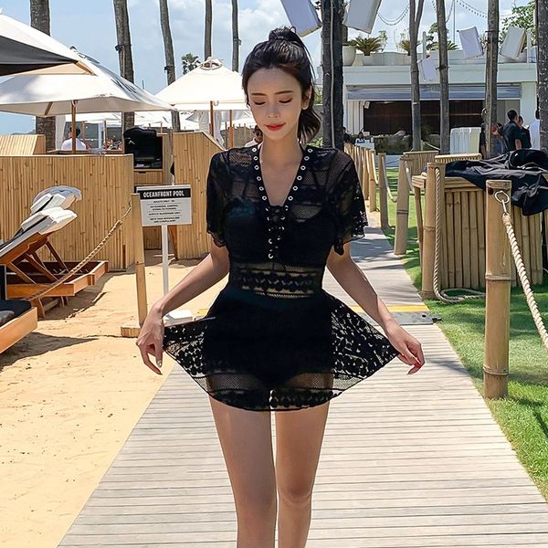 

black lace back-leaking one-piece lace swimsuit women's belly-covering skirt steel holder gathering two-piece swimsuit, White;black