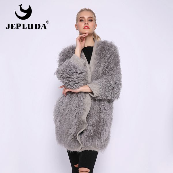 

jepluda fashion oversize winter coat women knitted natural mongolia sheep fur real fur coat women real jacket, Black