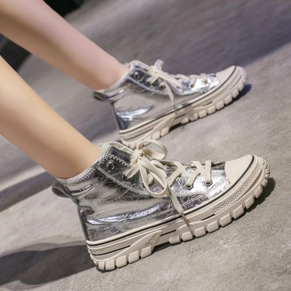 

women shoes fashion patent leather sneakers high silver hip hop boots glossy lighted brand designer shoes flats j4-54, Black