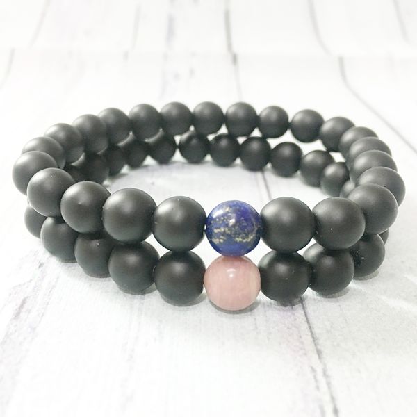 MG0372 Im Angebot: Paar-Edelstein-Armband-Set, mattschwarzer Onyx, Lapislazuli-Armband, Herren- und Damen-Rhodonit-Armband