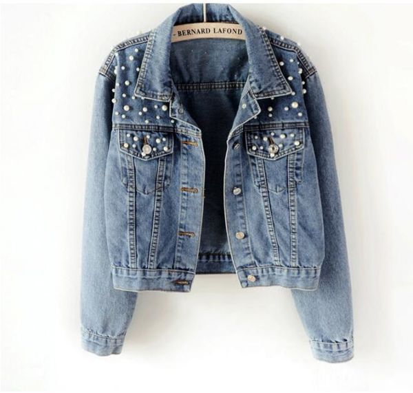

new 2019 plus size pearl beaded short denim jacket 5xl women's long sleeve retro casual denim jacket bomber, Black;brown