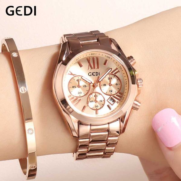 

brand gedi rose gold women watches ladies quartz watch female woman stainless steel wrist watch clock, Slivery;brown