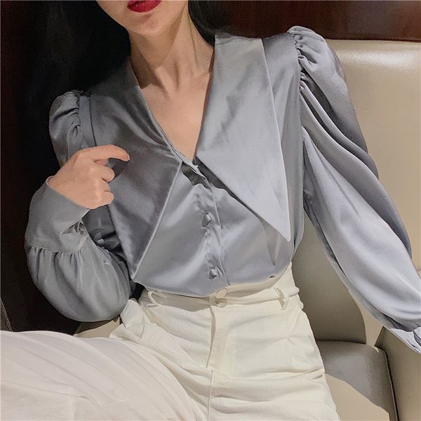 

ewq] 2020 spring new sweet big turn-down collar puff sleeve women white shirt korea style loose casual femme blouse qz83300