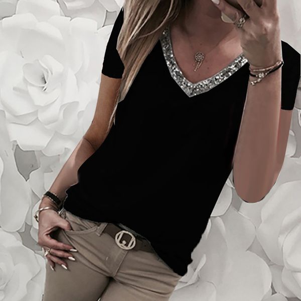

new fashion womens shirt casual sequins short sleeve v-neck casual t-shirt harajuku tshirt women camiseta mujer 2019, White