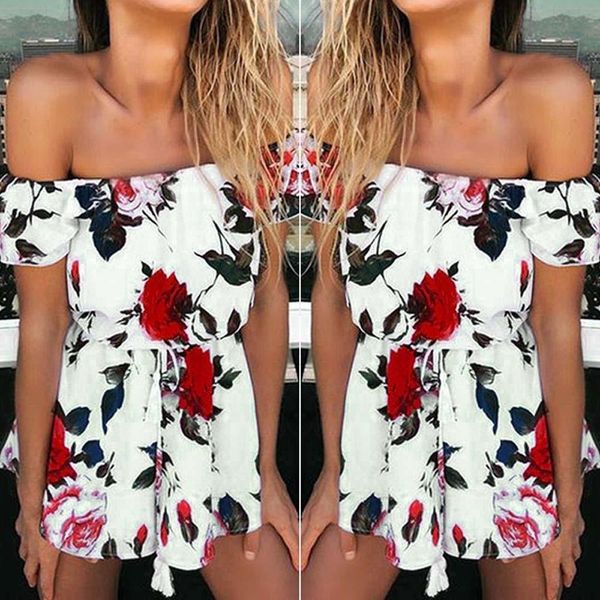 

women 2019 red rose print summer dress lady elegant white inclined ban neck dress bow belt beach lovely girl mini dress jurk, Black;gray