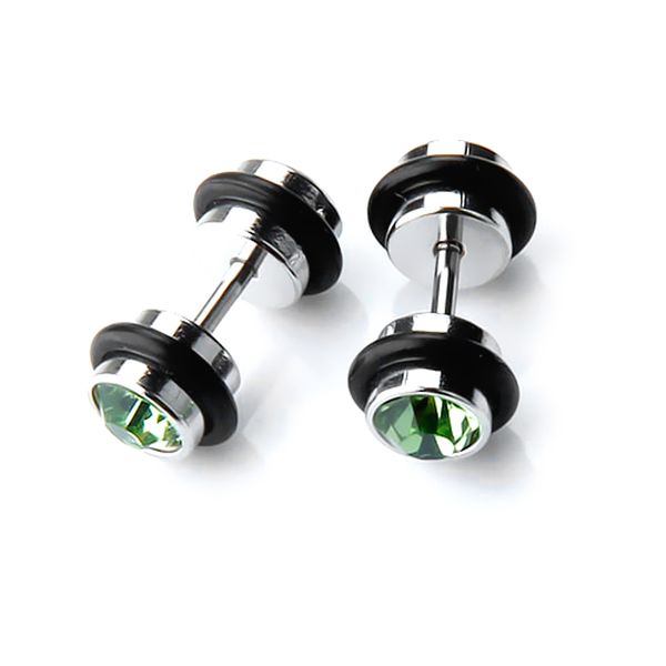 

2pcs mens earring ear stud stainless steel green cz crystal fake plug, Golden