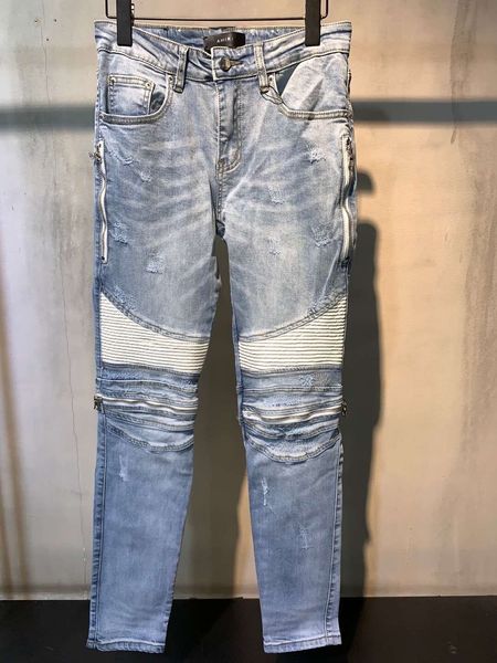 

new arrival mens designer jeans zipper white fold medal youth fashion mens jeans slim motorcycle biker hip hop pants size 2840, Blue
