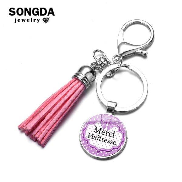 

songda 2019 design merci mistress tassel keychain cute printed time gem key chain holder bag pendant thanks for teacher gift, Silver