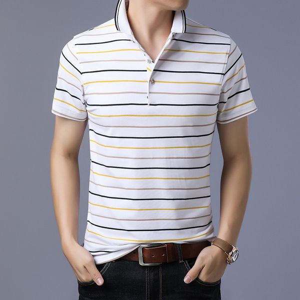 

summer mens stripes lapel polo shirts color lines button short sleeve business casual tshirt male designer, White;black