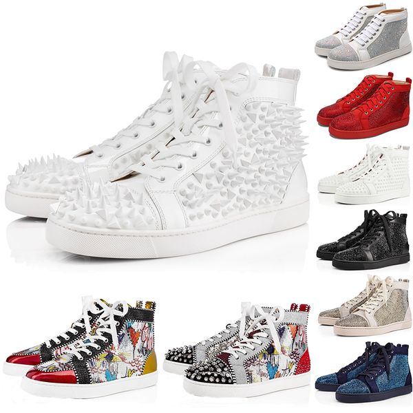 

NEW 2019 fashion Designer Sneakers Red Bottom shoe high Cut Suede spike Shoes For Men and Women Shoes Party Wedding crystal Leather Sneakers